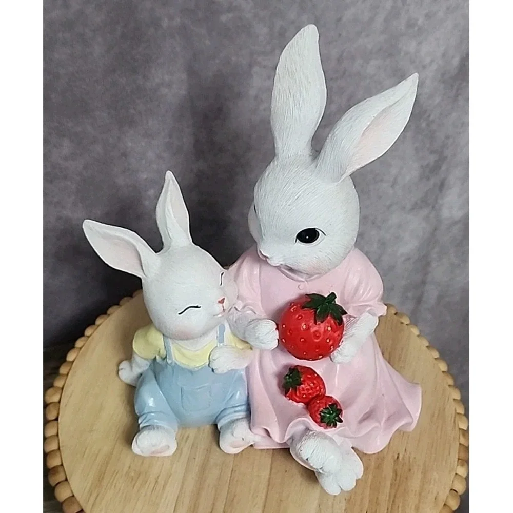 Easter Bunny Rabbit Momma and Baby Bunny With Strawberries Figure Figurine Resin